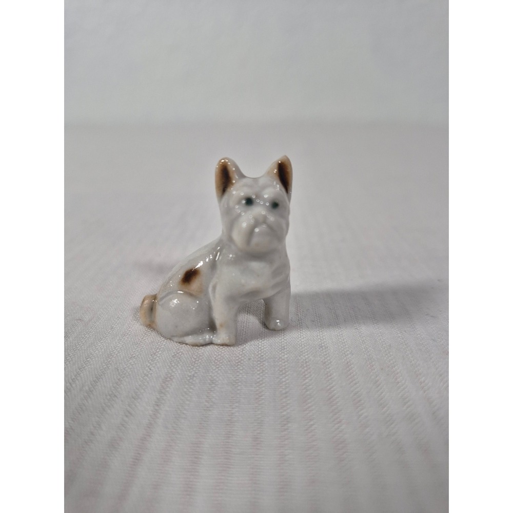 Vintage Miniature Porcelain French Bulldog Figurine Japan White Brown Spotted